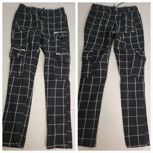 Hot Topic Pants SZ M Straight Cargo Black White Plaid Grid Grunge High Rise Punk - Picture 1 of 9